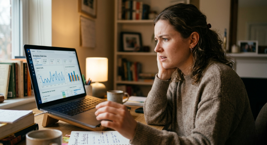 A laptop screen showing analytics graphs going up and down
