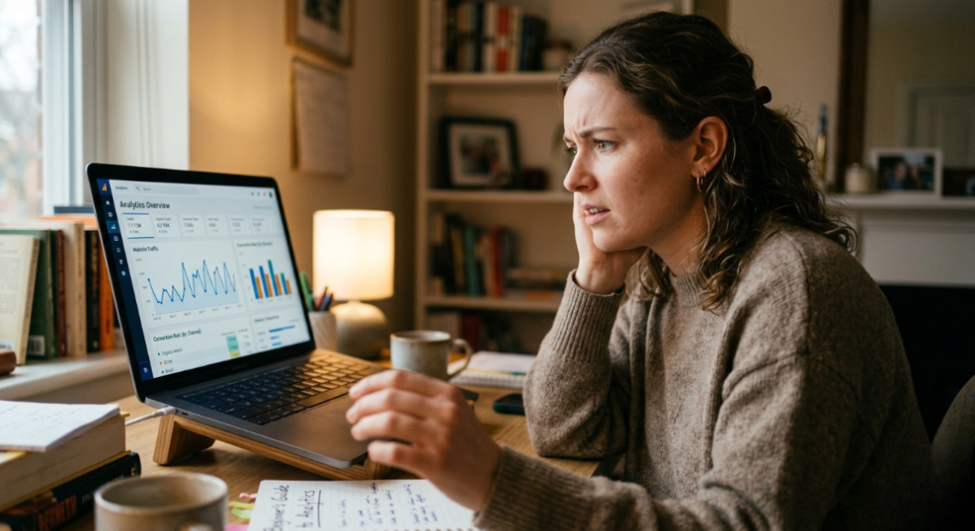A laptop screen showing analytics graphs going up and down