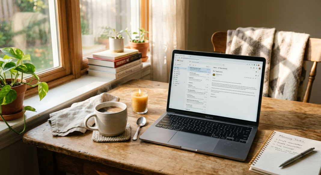 A cozy morning scene with a laptop open to an email inbox