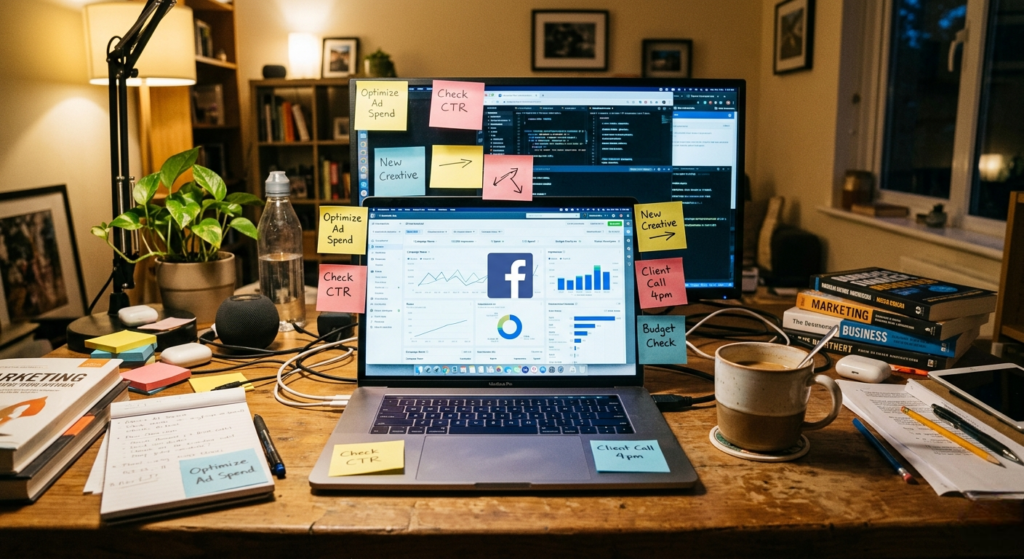 A slightly messy home desk setup with a laptop showing a Facebook Ads dashboard