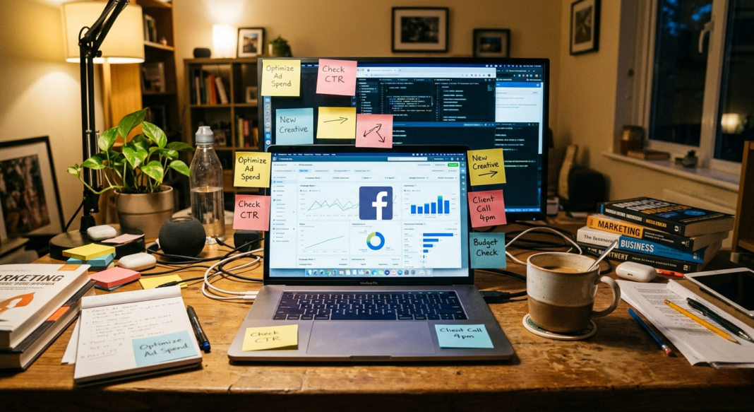 A slightly messy home desk setup with a laptop showing a Facebook Ads dashboard