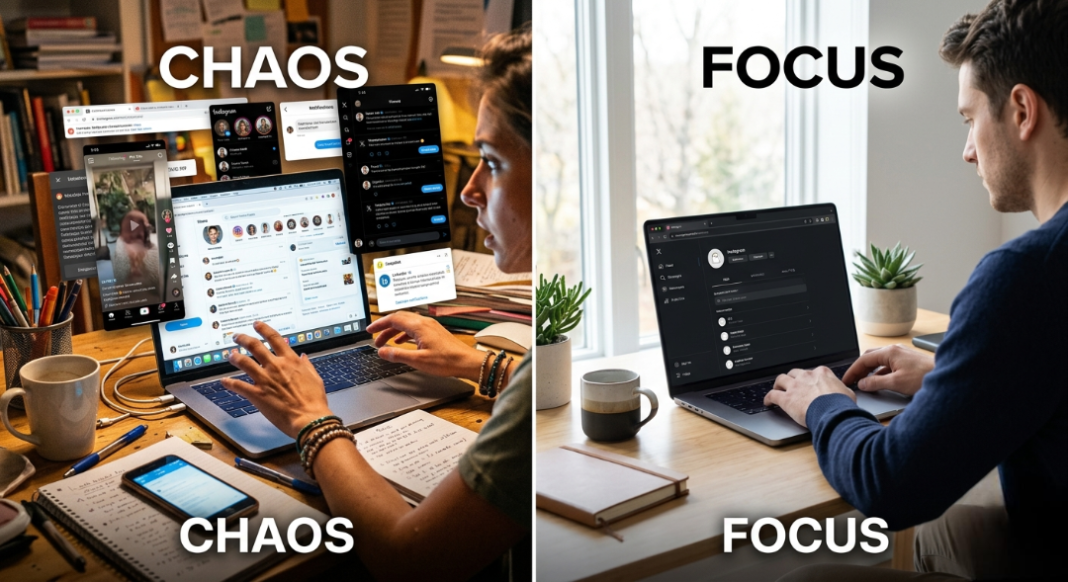 A chaotic visual of multiple social media apps open vs. a clean screen showing focus on one platform