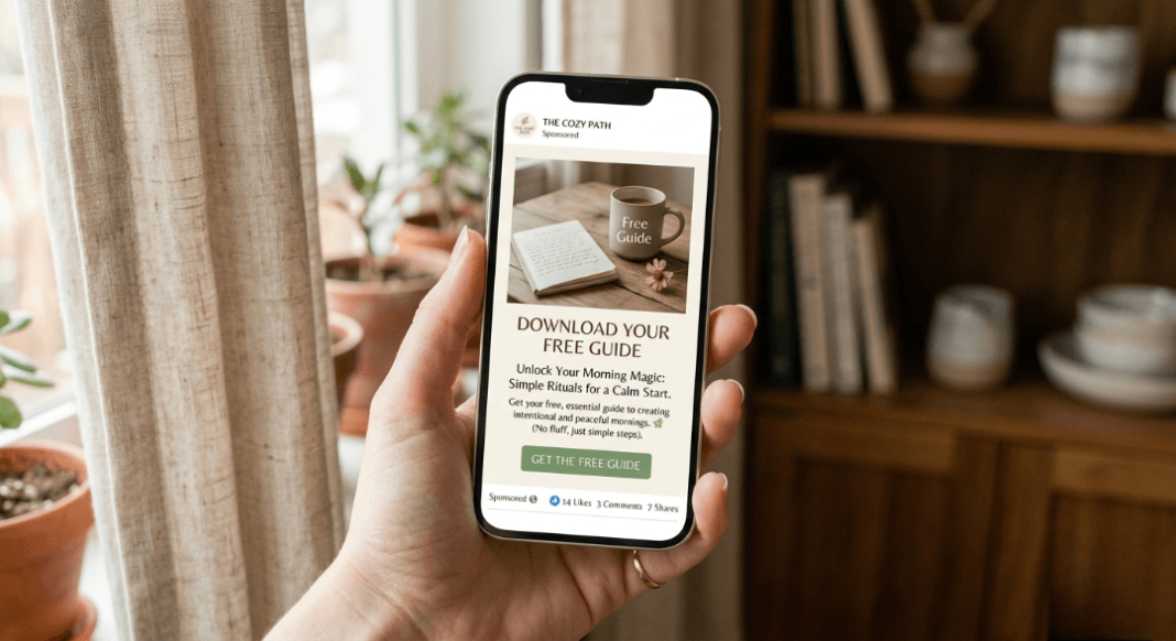 a Facebook ad with a simple, friendly message offering a free guide