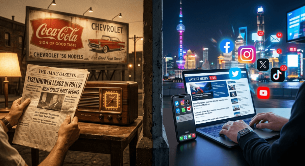 A split-scene visual—left side shows a vintage newspaper, billboard, and radio