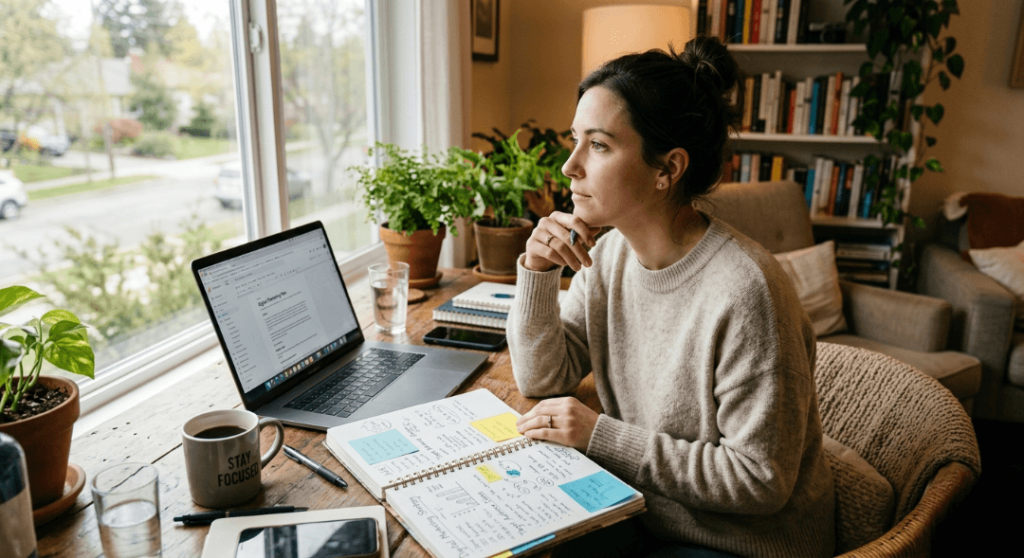 A casual home setup with someone staring thoughtfully at a laptop
