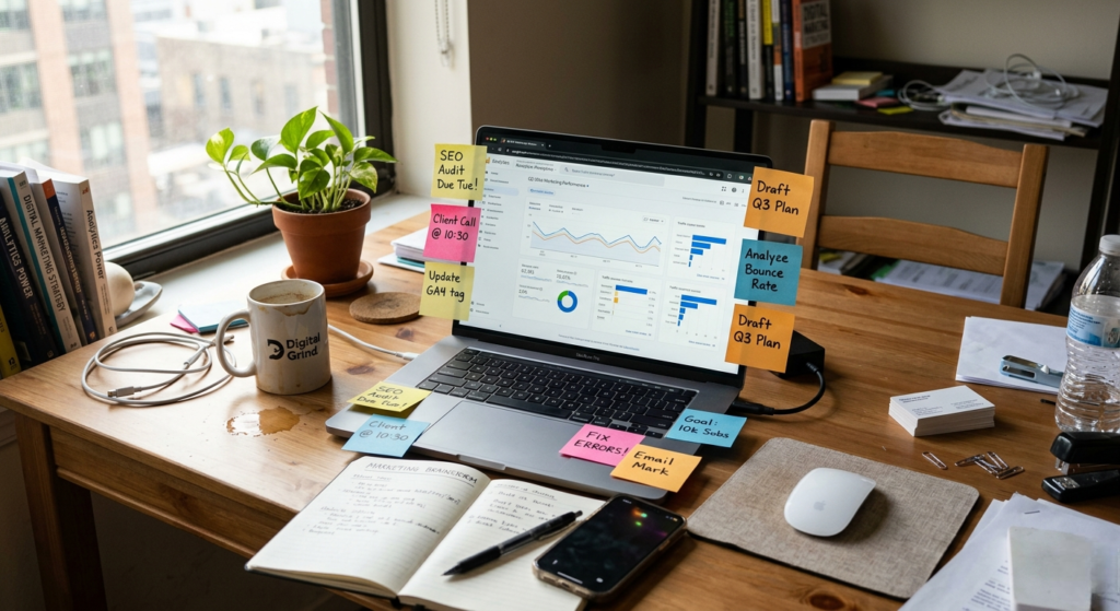 messy desk with a laptop showing analytics dashboards