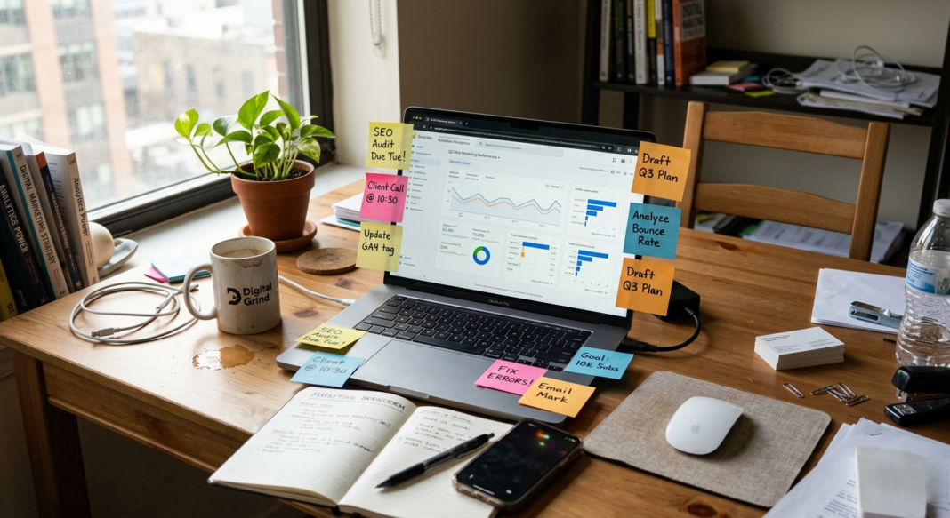 messy desk with a laptop showing analytics dashboards