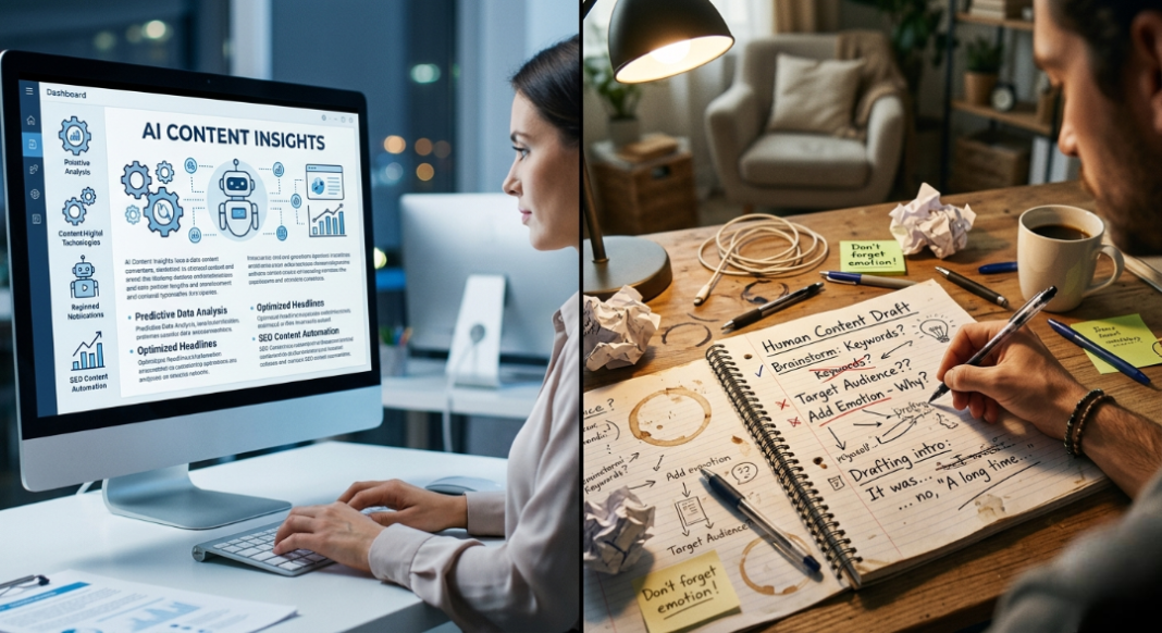A split-screen style visual—one side polished AI-generated content, the other side raw, handwritten notes or messy content creation.