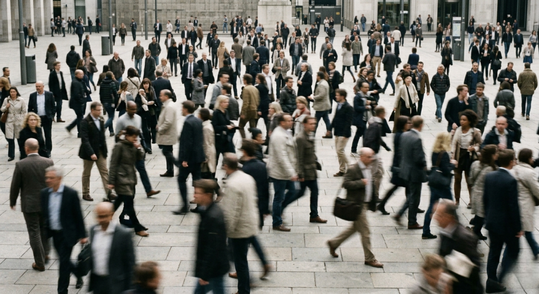 A wide crowd of diverse people walking in different directions, slightly blurred, representing randomness and lack of focus.