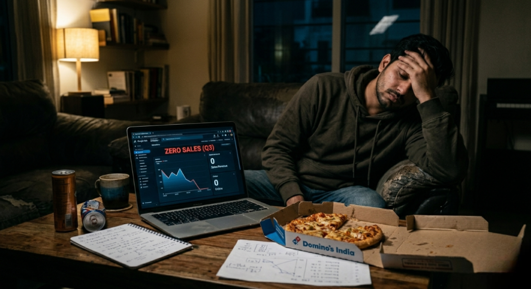 A dimly lit room with a laptop showing zero sales