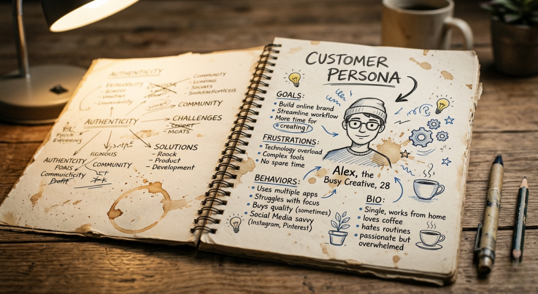 A notebook with a rough sketch of a “customer persona,” messy notes