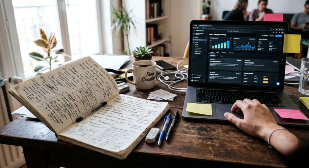 A cluttered notebook with scribbled idea