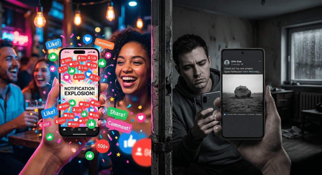 Split-screen showing a happy social media notification explosion vs. a completely dead post.