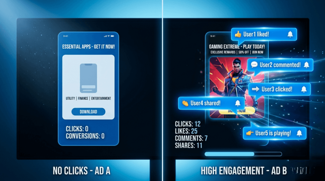 two ads side by side—one getting no clicks, the other getting engagement notifications popping up. Cool blue lighting.