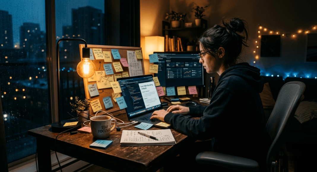 A slightly chaotic home office desk with a laptop showing a Facebook Ads dashboard,