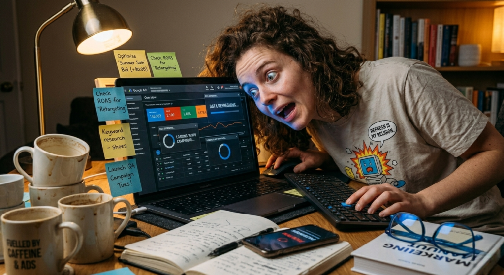 Person obsessively refreshing analytics dashboard on laptop