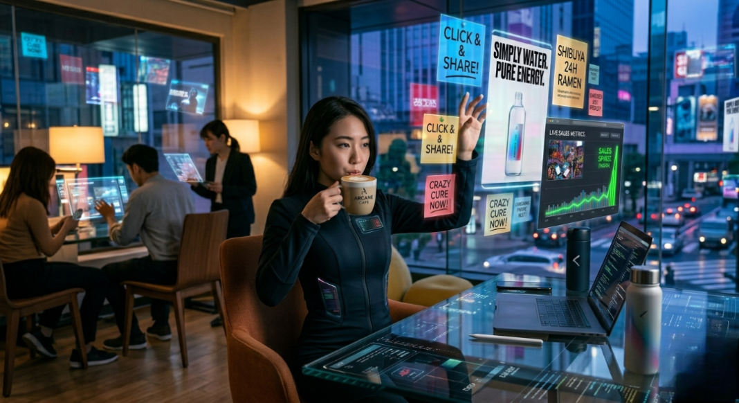 A futuristic workspace with holographic ads floating in the air