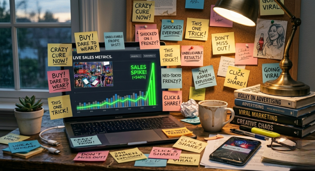 A cluttered desk with scribbled ad headlines on sticky notes