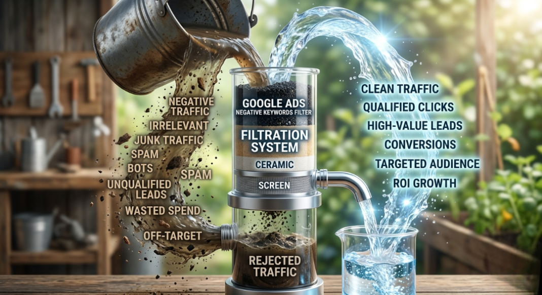 A filter visual metaphor—dirty water being poured through a filter and coming out clean.