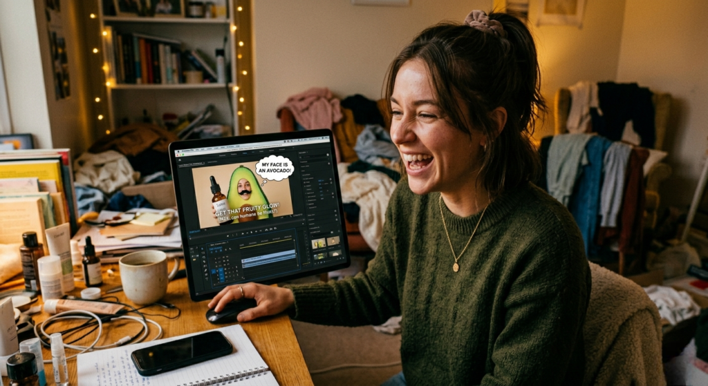 someone laughing while editing a goofy ad on a laptop