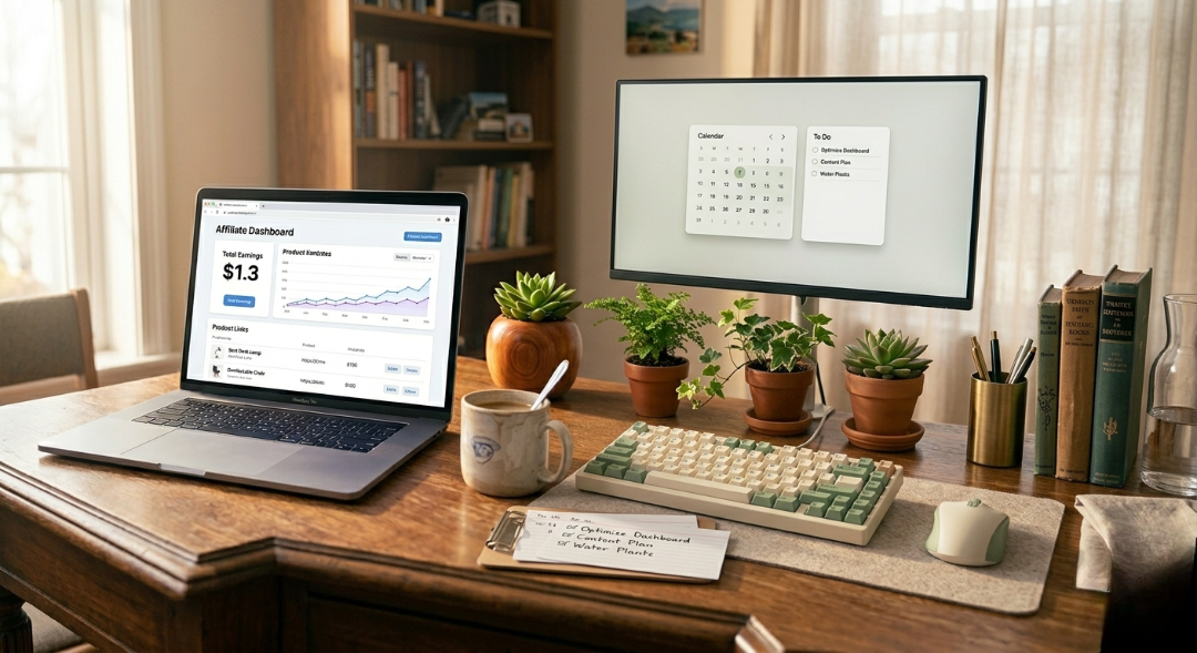 A cozy desk setup with aesthetic lighting, keyboard, monitor, small plants