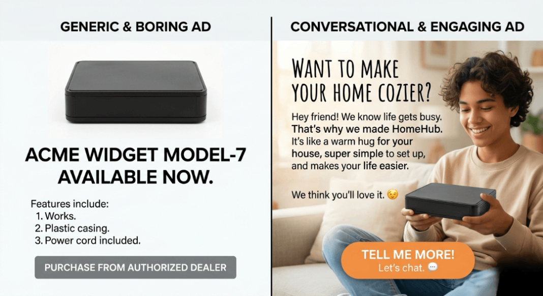 A split-screen showing two ads—one generic and boring, the other conversational and engaging. Bright, clean layout with contrasting styles.
