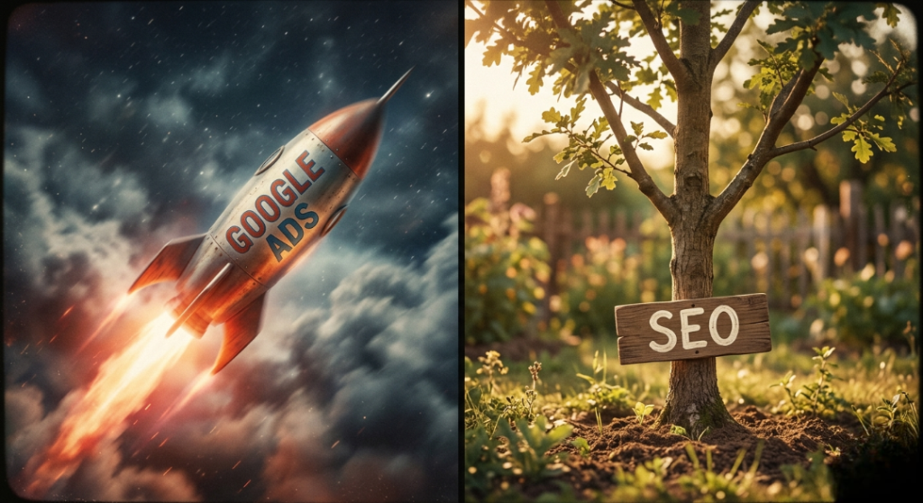 a fast-moving rocket labeled “Google Ads” on one side and a slowly growing tree labeled “SEO” on the other.