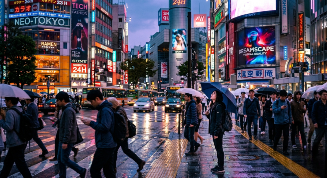 a busy city street filled with glowing billboards at dusk.