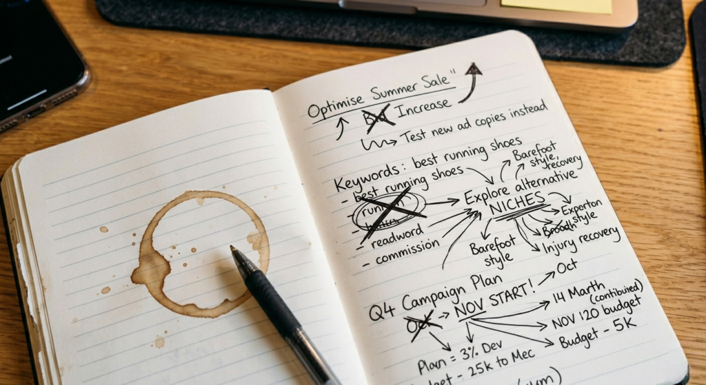 a notebook with scribbled campaign ideas
