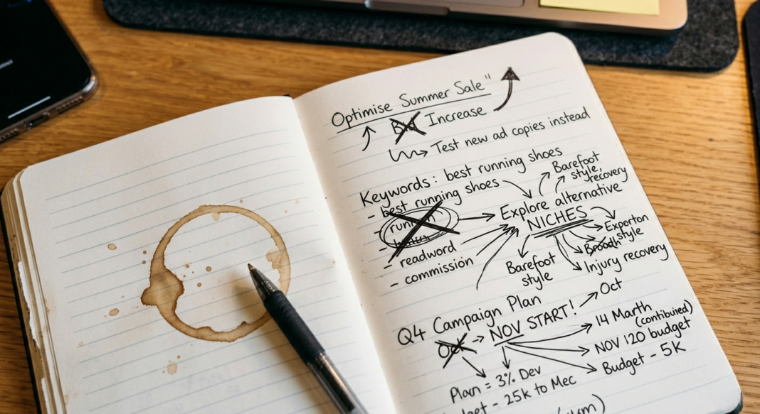 a notebook with scribbled campaign ideas