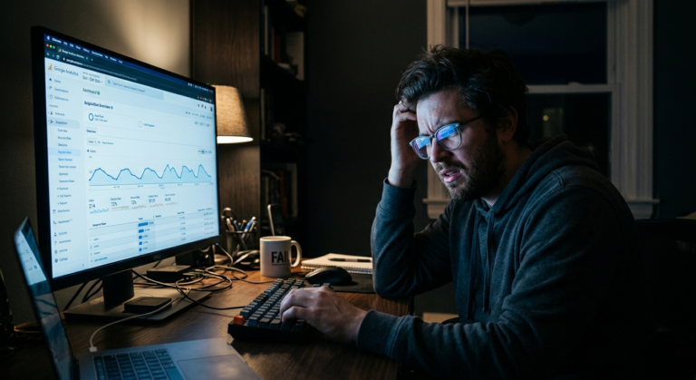 A person staring at Google Analytics with a confused expression