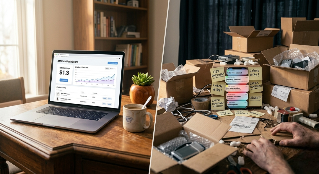 left side shows a calm laptop with affiliate dashboard and coffee, right side shows chaotic packaging