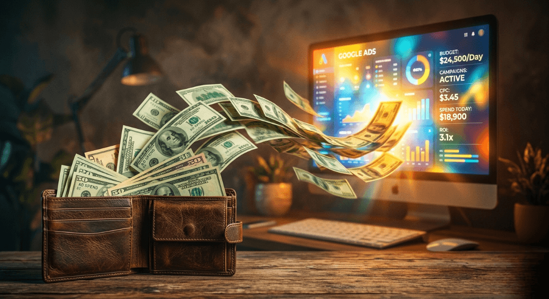 A visual metaphor of money flying out of a wallet into a glowing screen