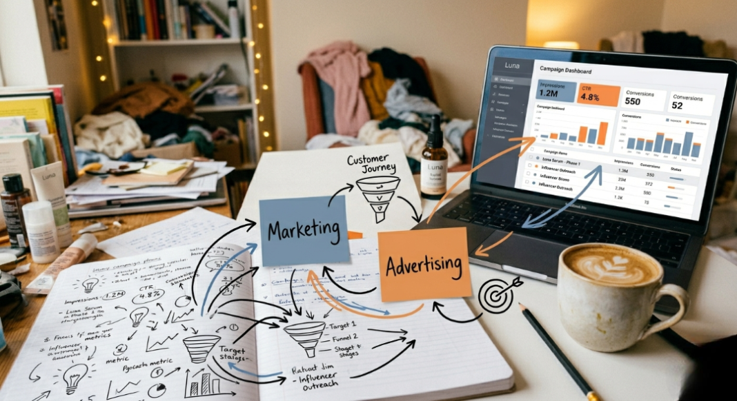 two sticky notes labeled “Marketing” and “Advertising,” arrows pointing everywhere