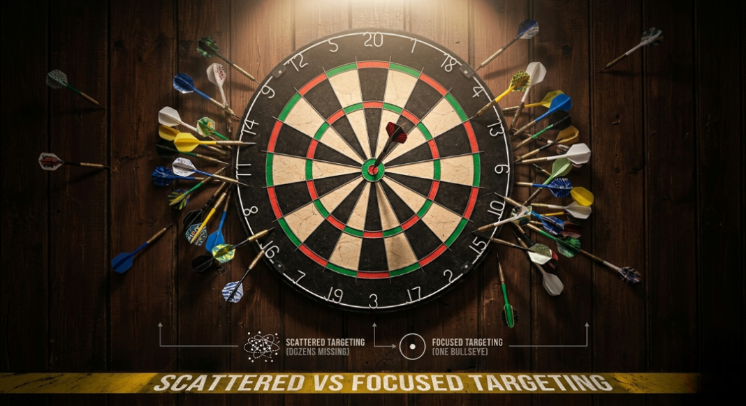 A dartboard with one arrow hitting the bullseye and dozens missing the target.
