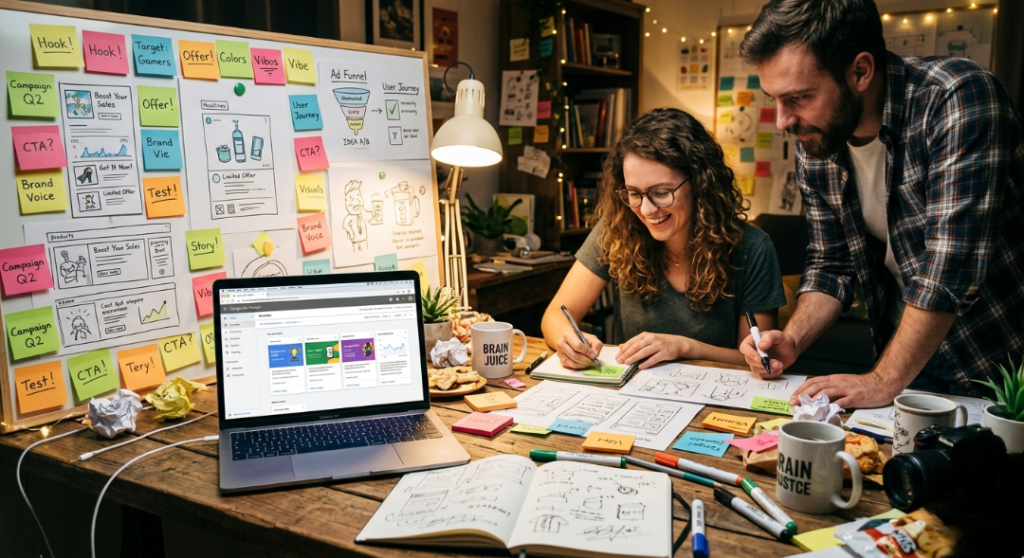 A creative brainstorming scene with sticky notes