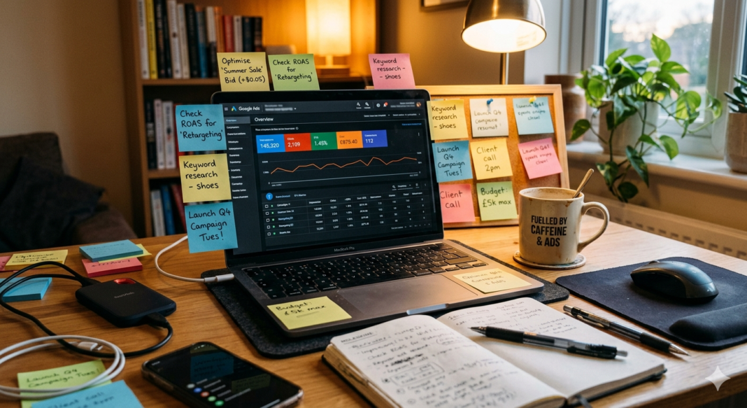 A slightly cluttered desk with a laptop showing a Google Ads dashboard