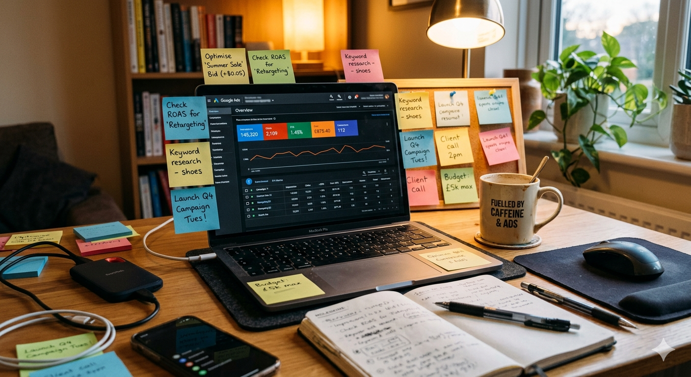 A slightly cluttered desk with a laptop showing a Google Ads dashboard